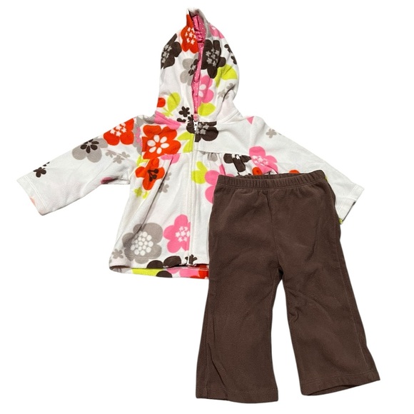 Carter's Other - Carter’s 2-Piece Fleece Outfit – 9 M – Floral Hoodie & Brown Pants - preloved